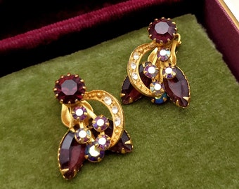 Vintage Reddish Purple Rhinestone Clip-On Earrings - Gold Tone Settings - Formal, Prom