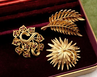 Vintage Gold Tone Brooches - Set of Three