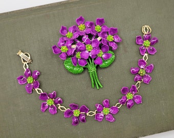 Vintage Purple Violet Metal Enamel Brooch and Bracelet Set - Retro Flower Pin