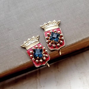 Vintage Crown and Crest Screw Back Earrings - Blue Rhinestone with Red Enamel and Gold-Tone Metal