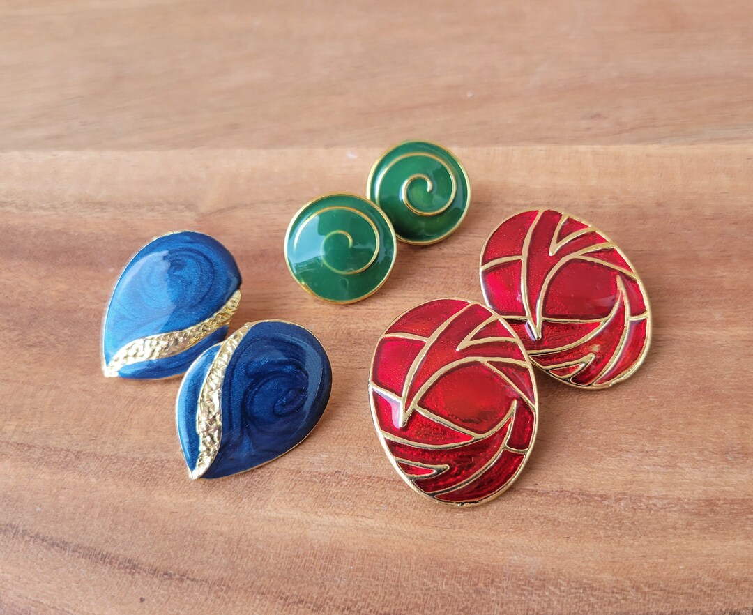 Vintage Enamel Clipon Earrings 80s/90s Style Set of Three Red, Green
