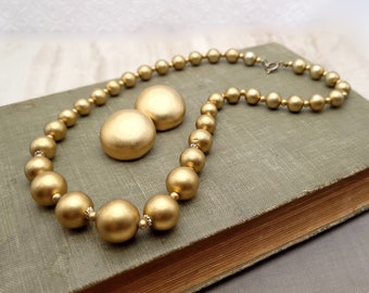 Vintage Matte Gold Graduated Bead Necklace and Erwin Pearl Button Clip-On Earrings