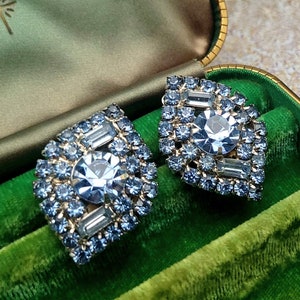 Vintage Light Blue Rhinestone Clip-On Earrings - Formal Prom Earrings