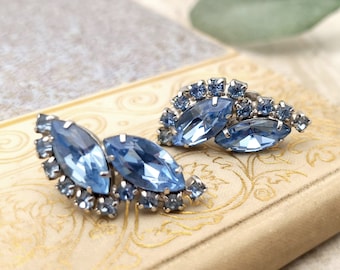 Vintage Light Blue Rhinestone Clip-On Earrings - Formal Prom Earrings