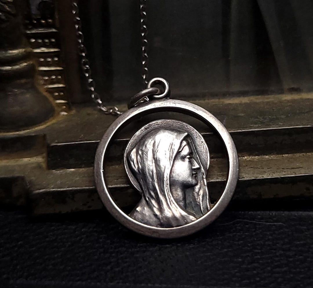 Vintage Sterling Silver Virgin Mary Medal Necklace - Jesus With Cross ...