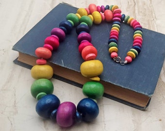 Vintage Colorful Chunky Wood Bead Necklace - Rainbow Colored Necklace