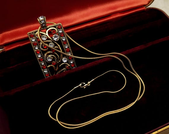 Vintage Large Rectangular Gold and Rhinestone Pen… - image 5