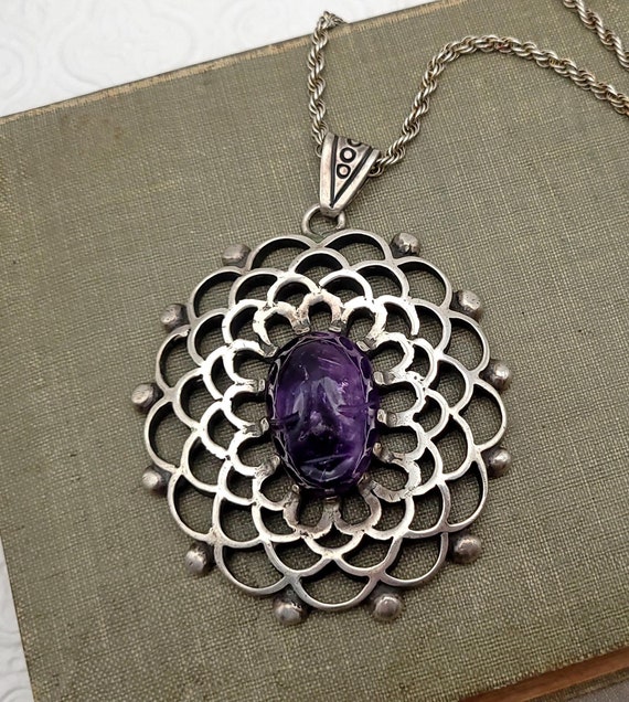 Vintage Talleres De Los Ballesteros Sterling Silver and Amethyst Face Necklace