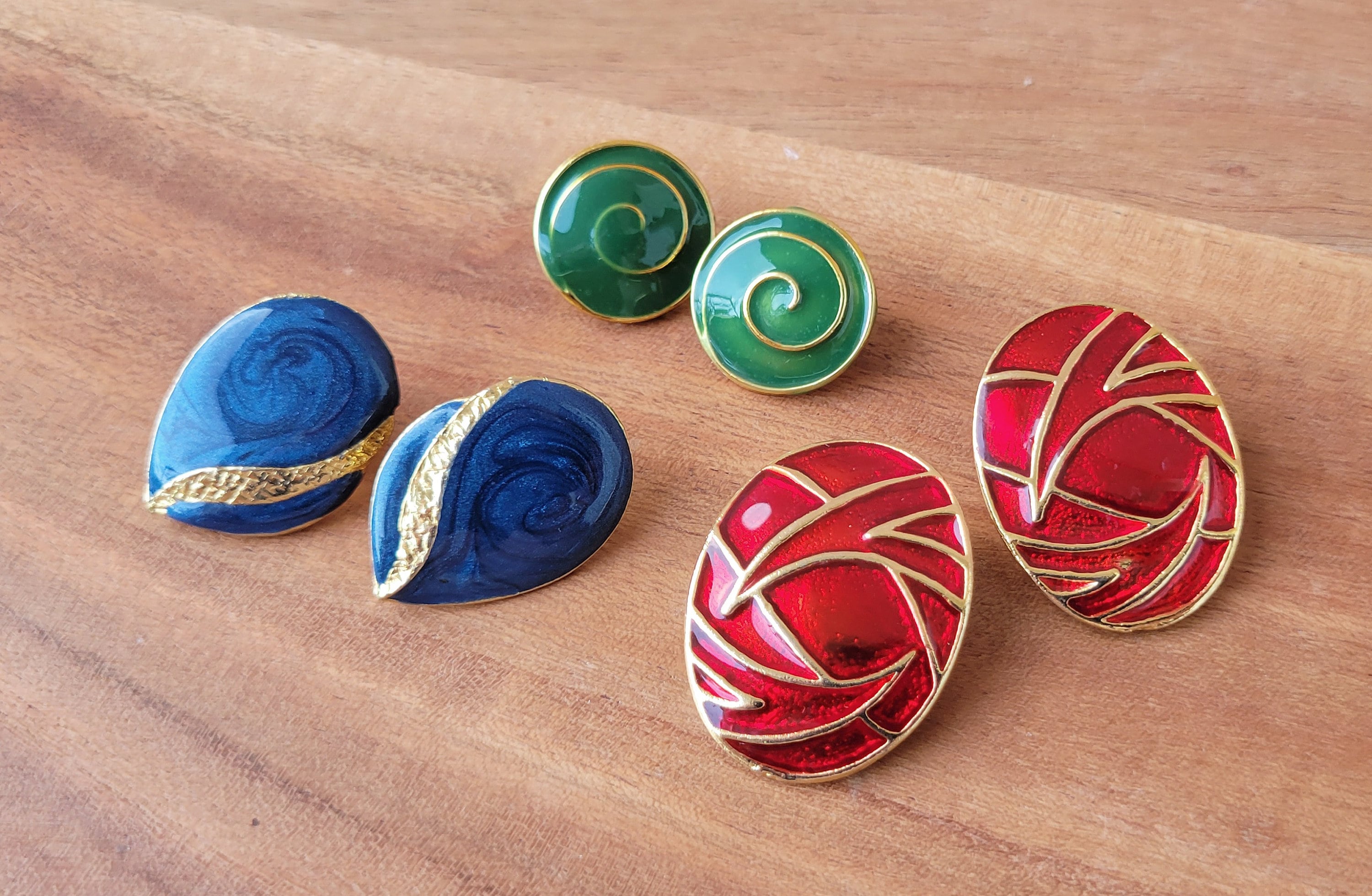 Vintage Enamel Clipon Earrings 80s/90s Style Set of Three Red, Green