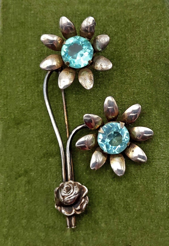 Vintage Chunky Elegant Blue and Silver Flower Brooch Vintage Sterling Silver Flower Brooch: Blue Crystal Pin - Etsy main image 2