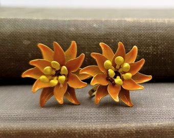 Vintage Orange and Yellow Flower Screw Back Earrings - Retro Enameled Metal Floral Earrings