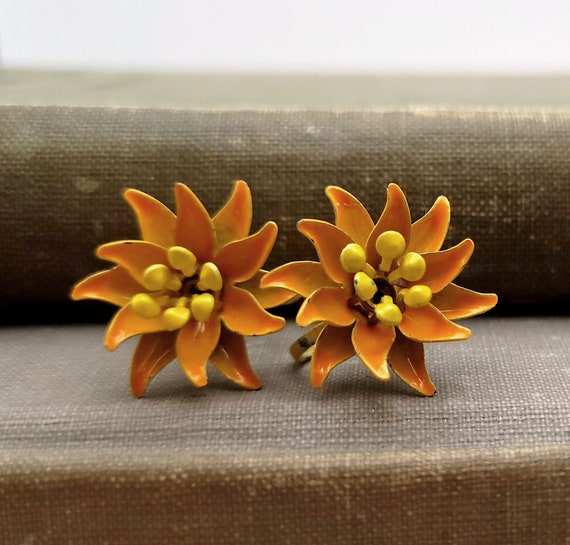 Vintage Orange and Yellow Flower Screw Back Earri… - image 1