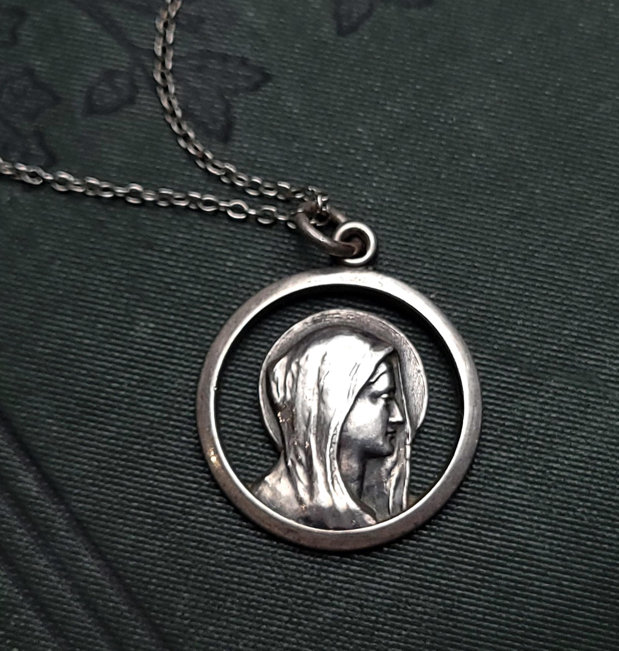 Vintage Sterling Silver Virgin Mary Medal Necklace - Jesus With Cross ...