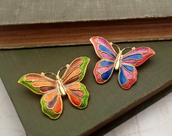 Vintage Butterfly Brooches - Set of Two Pins - Colorful Cloisonne Style Enameled Metal Pins - Orange, Green, Pink, Red, Blue