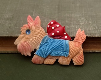 Vintage Celluloid Scottish Terrier Dog Brooch / Pin with Blue Sweater and Red Bow - Marked Occupied Japan