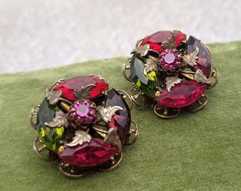 Vintage Red, Green and Pink Rhinestone Clip=On Earrings -  Formal, Prom, Fancy Statement Earrings