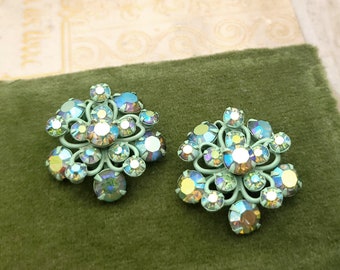 Vintage Aurora Borealis Rhinestone Clip=On Earrings - Formal, Prom, Fancy Statement Earrings - Mint Green