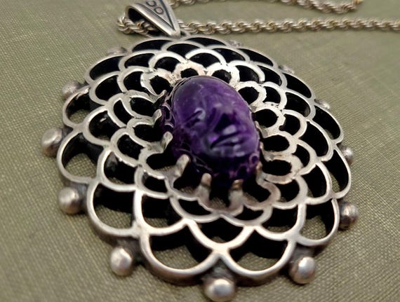 Vintage Talleres De Los Ballesteros Sterling Silver and Amethyst Face Necklace View 2