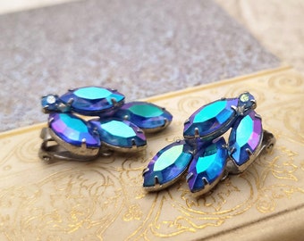 Vintage Blue, Purple, Teal Aurora Borealis Rhinestone Clip-On Earrings  -  Formal, Prom, Fancy Statement Earrings - Silver Tone