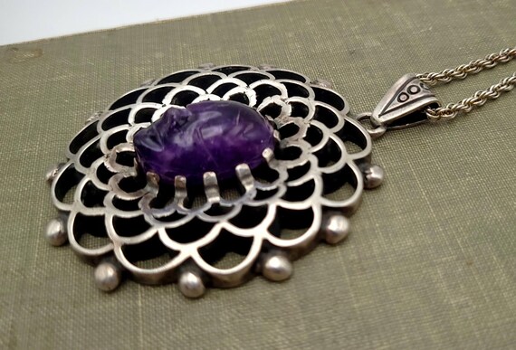 Vintage Talleres De Los Ballesteros Sterling Silver and Amethyst Face Necklace View 4