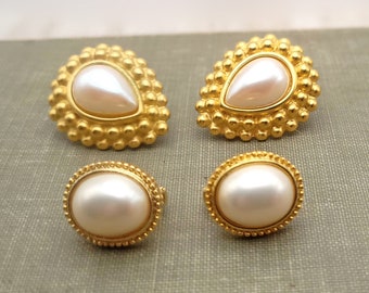 Set of Two Faux Pearl Cabochon and Gold-Tone Clip-On Earrings
