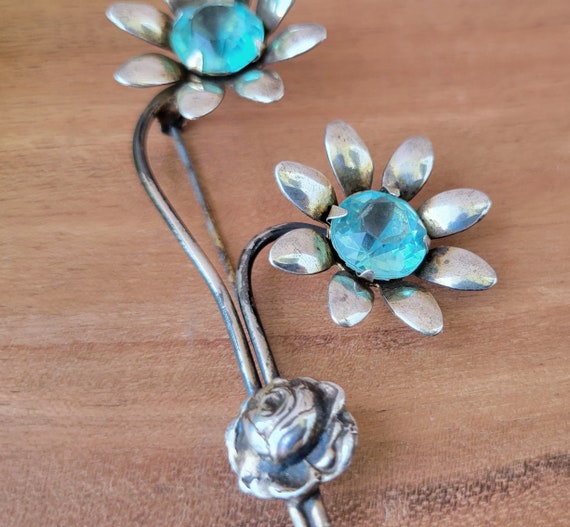 Vintage Sterling Silver and Blue Rhinestone Flowe… - image 4