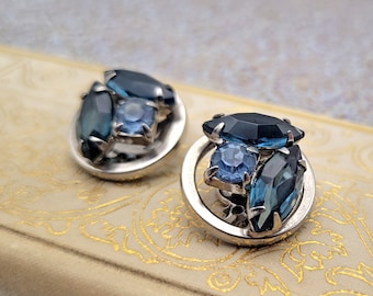 Vintage Blue Rhinestone Clip-On Earrings - Round Circle Silver-Tone Statement Earrings
