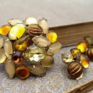 Vintage Yellow and Brown Rhinestone Brooch and Clip-On Earring Set