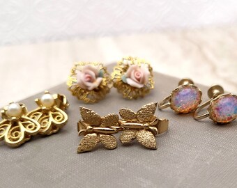 Small Gold Vintage Clip-On Earrings - Set of Four Romantic Earrings, Faux Opal and Pearl, Gold Tone Butterfly and Pink Porcelain Rose