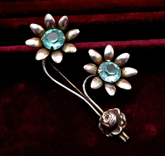Vintage Sterling Silver and Blue Rhinestone Flower Brooch - Etsy display picture 2