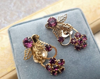 Vintage Purple Rhinestone Flower Clip-On Earrings