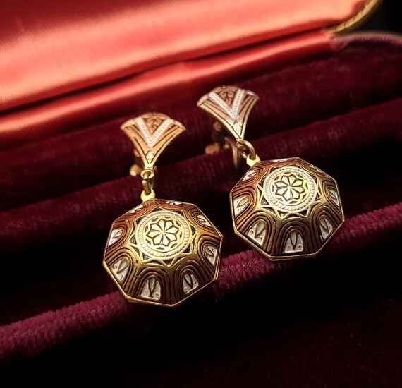 Vintage Damascene Dangle Screw Back Earrings
