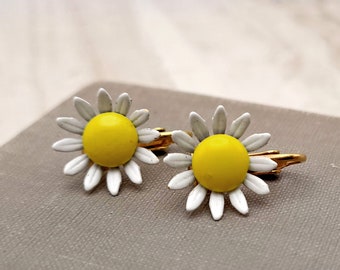 Vintage Daisy White and Yellow Clip-On Earrings - Retro Enameled Metal Floral Earrings