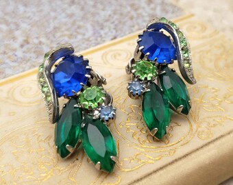 Vintage Blue and Green Rhinestone Clip=On Earrings  -  Formal, Prom, Fancy Statement Earrings - Silver Tone