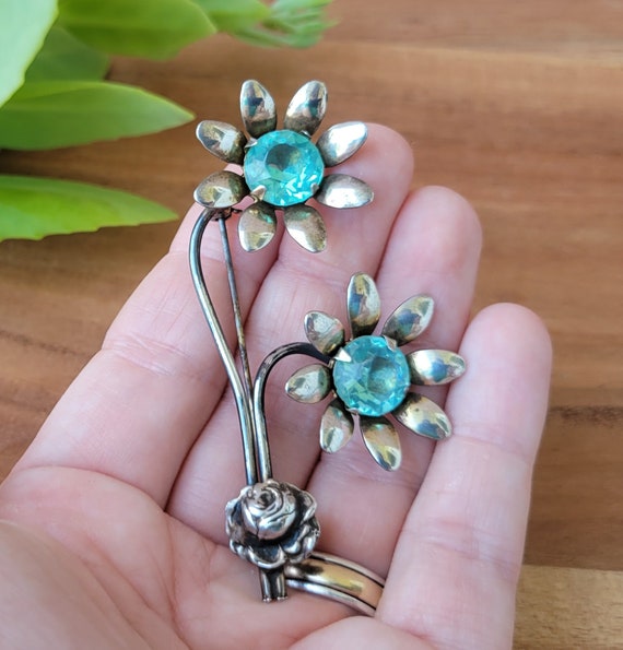 Vintage Sterling Silver and Blue Rhinestone Flowe… - image 3