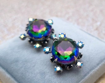 Vintage Rainbow Rhinestone Clip-On Earrings - Formal, Prom, Fancy Statement Earrings