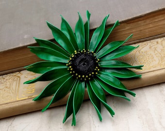 Vintage Green Enameled Metal Flower Pin - Green and Black Daisy/ Aster/ Sunflower