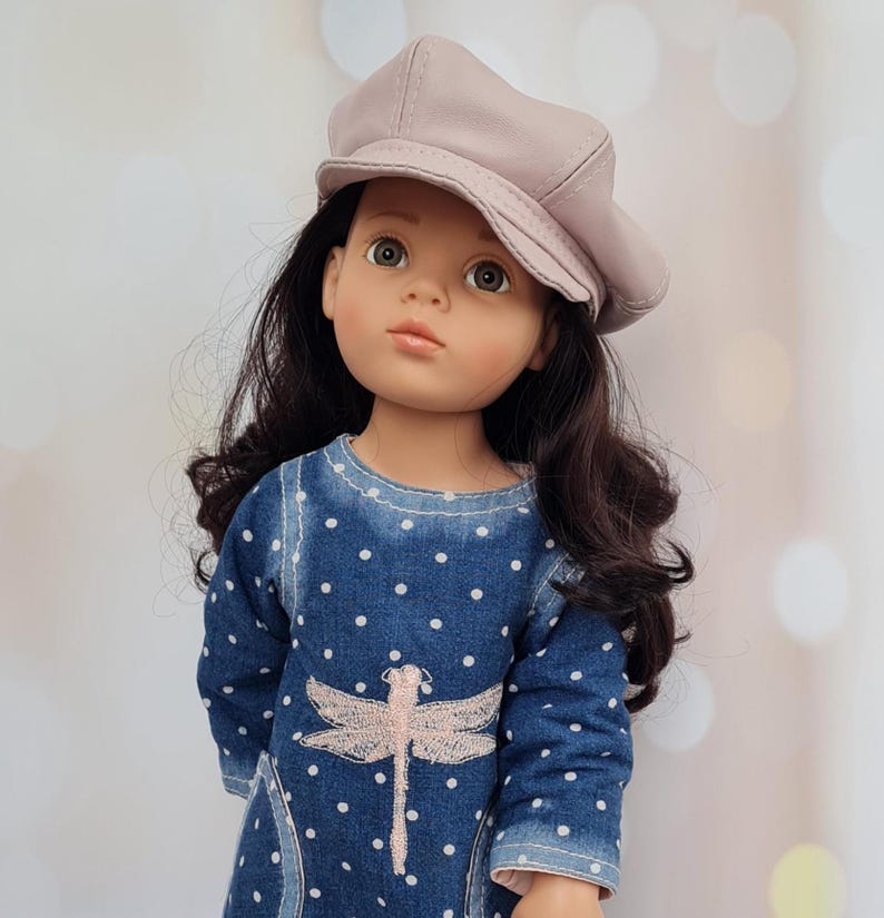 Denim Polka Dot Doll Dress, Leather Cap, Boots, 18 inch Götz/American Girl image 1
