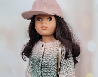 Hand Knit Doll Coat Set with Corduroy Cap and Leather Bag | Outfit for 18 Inch Dolls | Fits American Girl & Götz