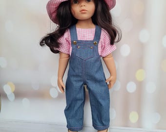 Handmade Denim Overalls Outfit for 18 Inch Doll – Reversible Top & Hat