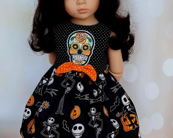 Halloween doll dress with skull applique and orange bow, 18 inch/50cm