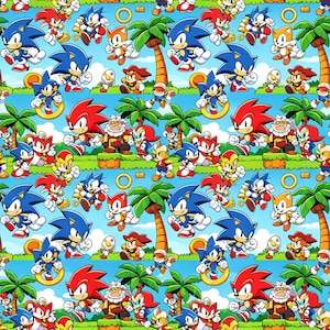 May include: A repeating pattern featuring characters from the Sonic the Hedgehog video game series. The design includes Sonic, Tails, Knuckles, and other characters, along with palm trees, rings, and a blue sky background. The characters are in various action poses.