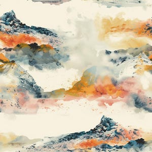 May include: A seamless pattern featuring an abstract watercolour landscape of mountain peaks. The design incorporates shades of deep blue, charcoal grey, vibrant orange, and soft peach against a creamy off-white background with paint splatters.