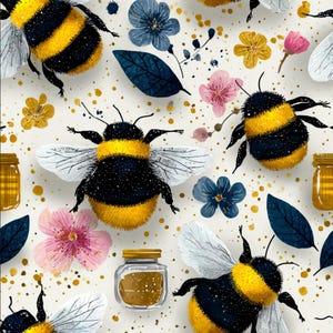 May include: A repeating pattern featuring fuzzy bumblebees with yellow and black striped bodies, translucent wings, small glass honey jars, pink and blue flowers, and dark blue leaves on a cream background with scattered gold paint splatters.