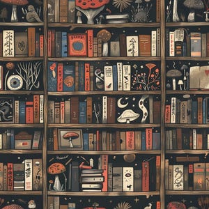 Könnte beinhalten: Ein sich wiederholendes Muster aus hölzernen Bücherregalen, gefüllt mit verschiedenen Büchern, Pilzen und botanischen Illustrationen. Der dunkle Hintergrund zeigt Sterne, Monde und komplexe Linienzeichnungen auf den Buchrücken.