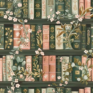 Puede incluir: Un patrón repetitivo de estanterías llenas de libros verticales en tonos verde oscuro, salvia y rosa suave. Los libros presentan diseños florales y botánicos dorados en el lomo, entrelazados con enredaderas ilustradas y pequeñas flores rosa pálido.