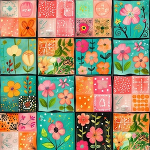 May include: A grid of sixteen square tiles featuring a variety of floral and abstract patterns in shades of pink, orange, yellow, and turquoise. Each tile displays distinct botanical illustrations, including flowers, leaves, and stems.
