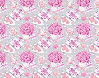 Valentines Day Pink Rose With Gift Box Pattern Pure cotton Fabric| 100% Cotton  Fabric By Half Yard