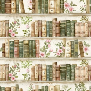 Può includere: Un motivo per carta da parati ripetitivo che mostra scaffali pieni di vari libri in stile antico nei toni del marrone, verde e crema. Tra i libri sono inserite delicate illustrazioni di fiori rosa e foglie verdi.