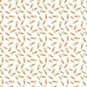 May include: A repeating pattern on a white background featuring small orange carrots with light green leafy tops. The carrots are oriented in various directions across the surface, creating a consistent and dense graphic design motif.